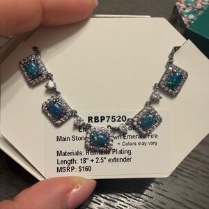 Emerald Fire Opal Halo Necklace - Blue Green Hematite